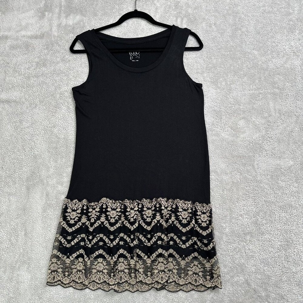 LOGO Women's Long Tunic Tank Top Sleeveless Bottom Lace Trim Size S/M* Black